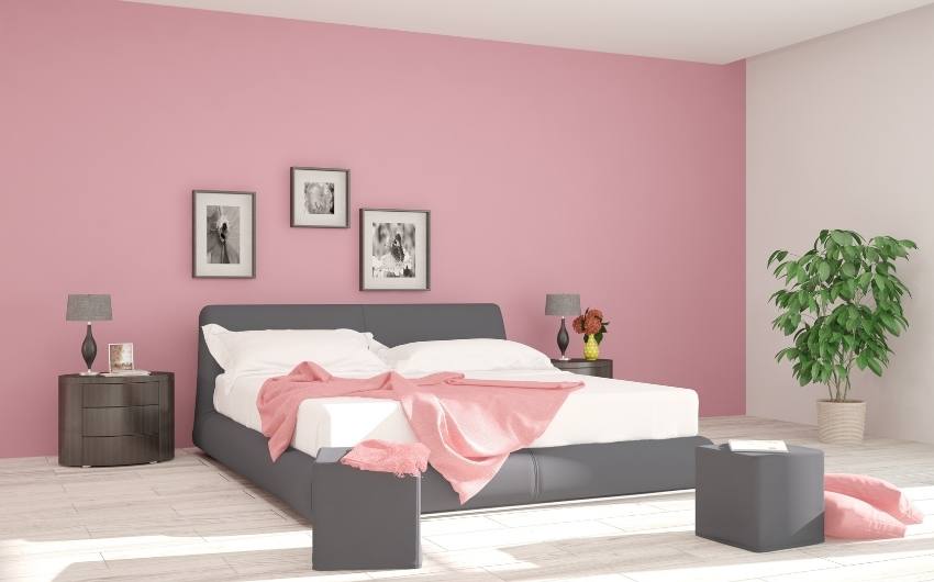 Phòng ngủ kết hợp giữa màu hồng và xám.